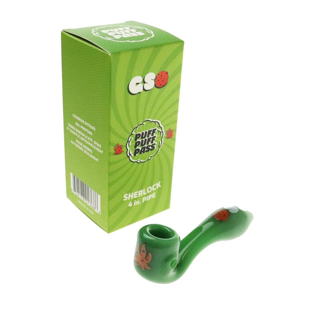Front view of the 4" Sherlock Hand Pipe with a green and white branded logo, showcasing its simple, curved design.