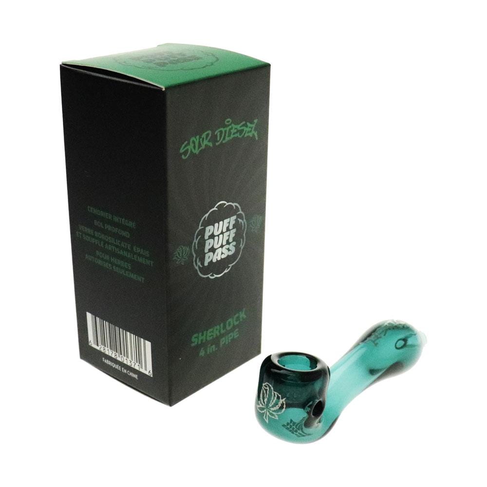 Front view of the “4” Sherlock Hand Pipe, a small, dark-colored smoking pipe with visible branding on its side.