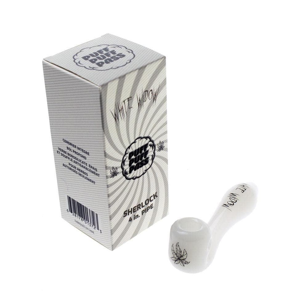A front view of the 4" Sherlock Hand Pipe, displaying branding on a white ceramic body.
