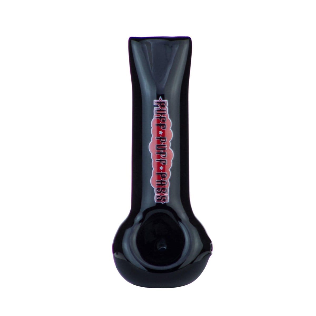 A studio shot of the "4" Spoon Pipe, displaying its curved design and glossy black finish.