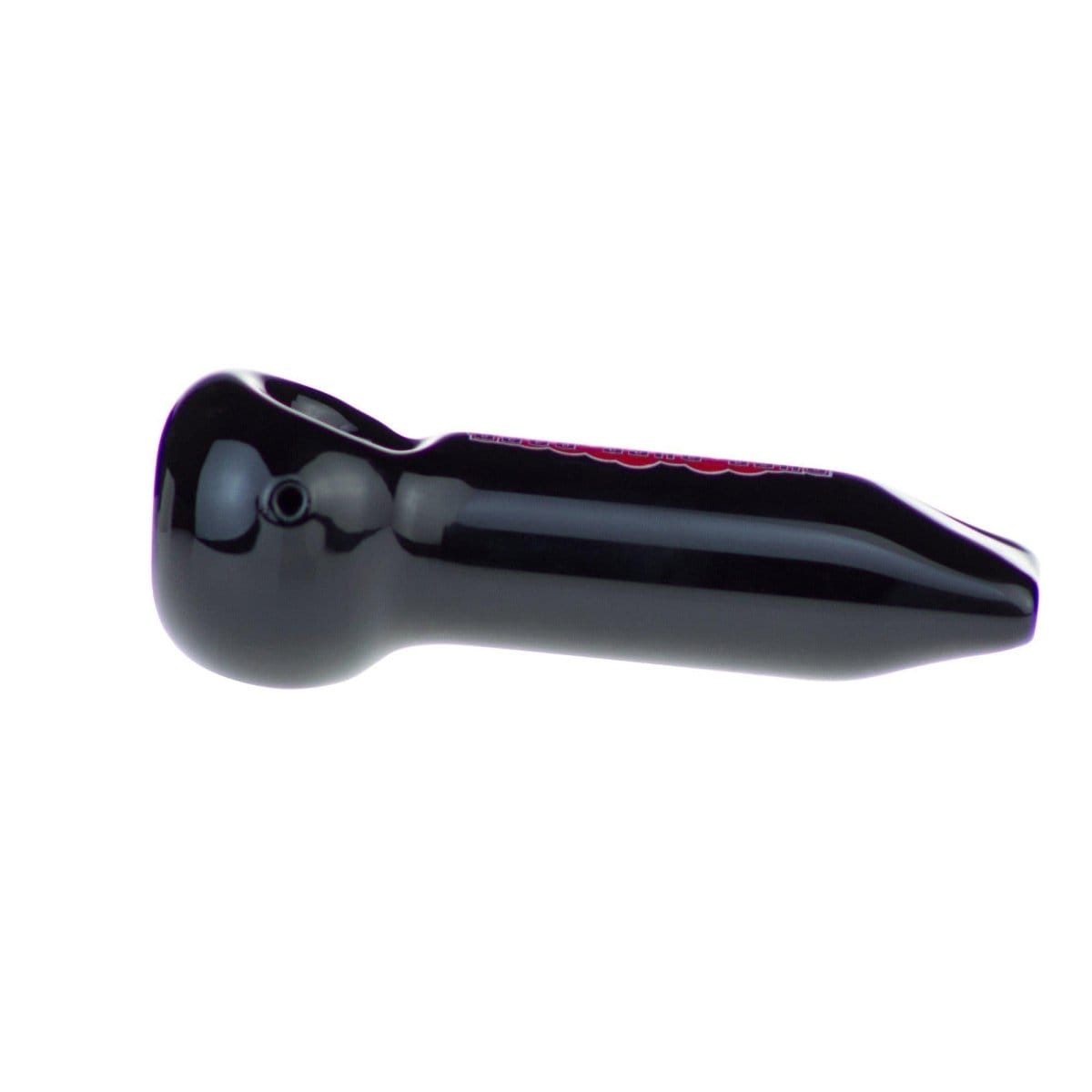 A side view of the 4" Spoon Pipe, showing the curved bowl and smooth black glass construction.