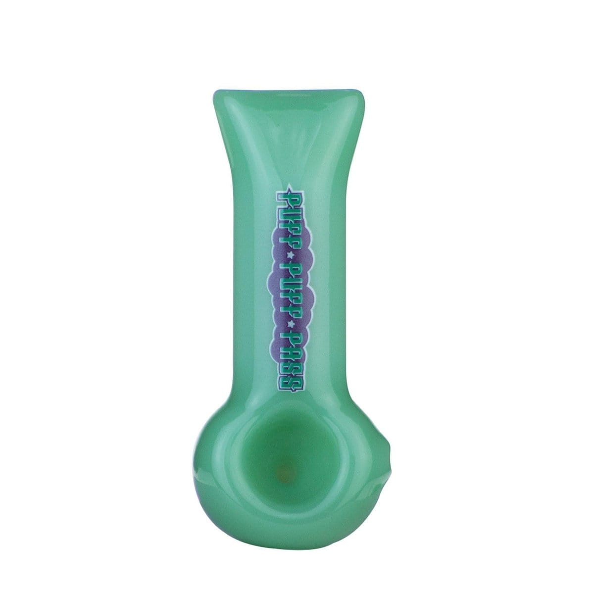 A side view of the 4" Spoon Pipe, showcasing its curved green glass design against a plain white background.