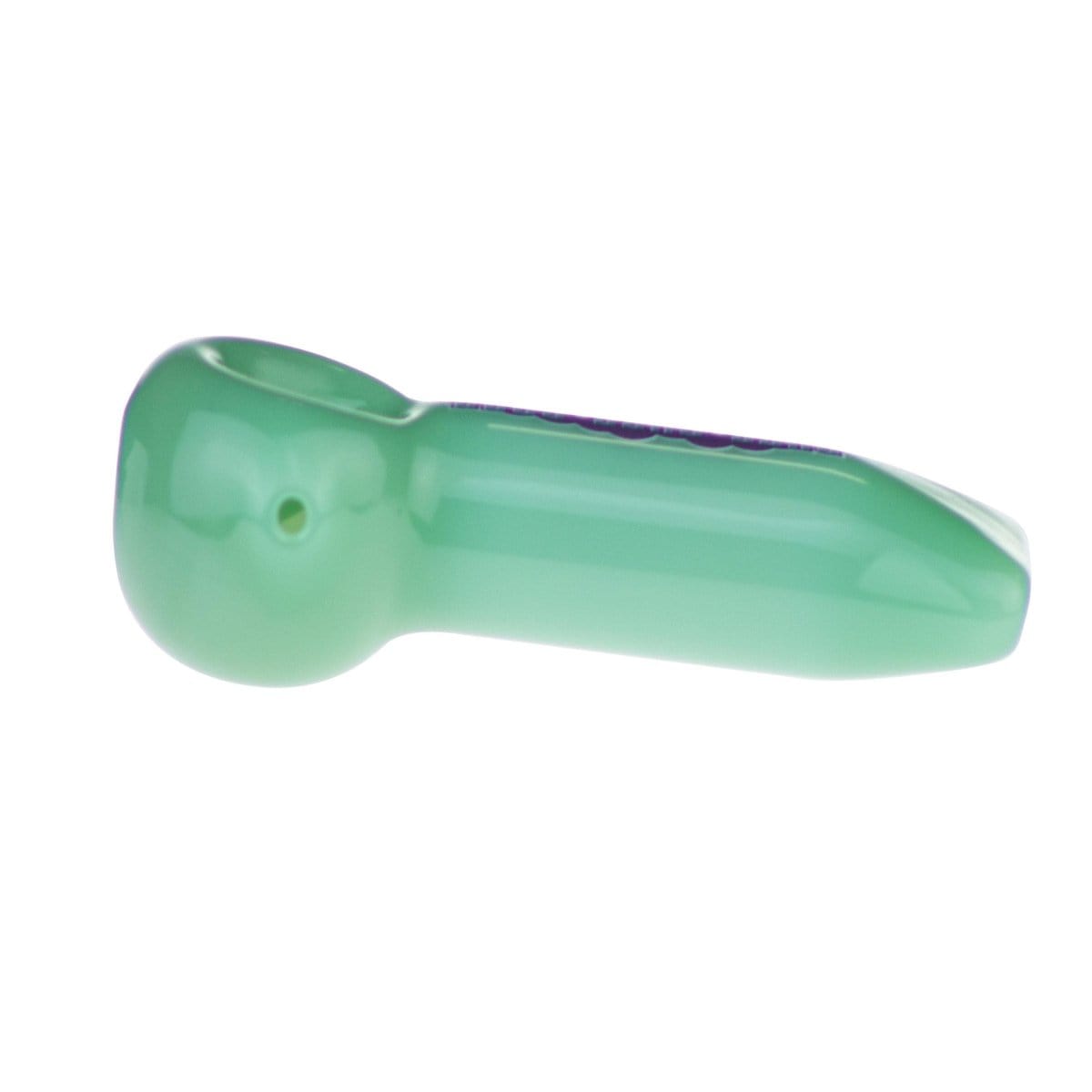 A side view of the 4" Spoon Pipe, showcasing its curved shape and smooth glass construction against a plain white background.