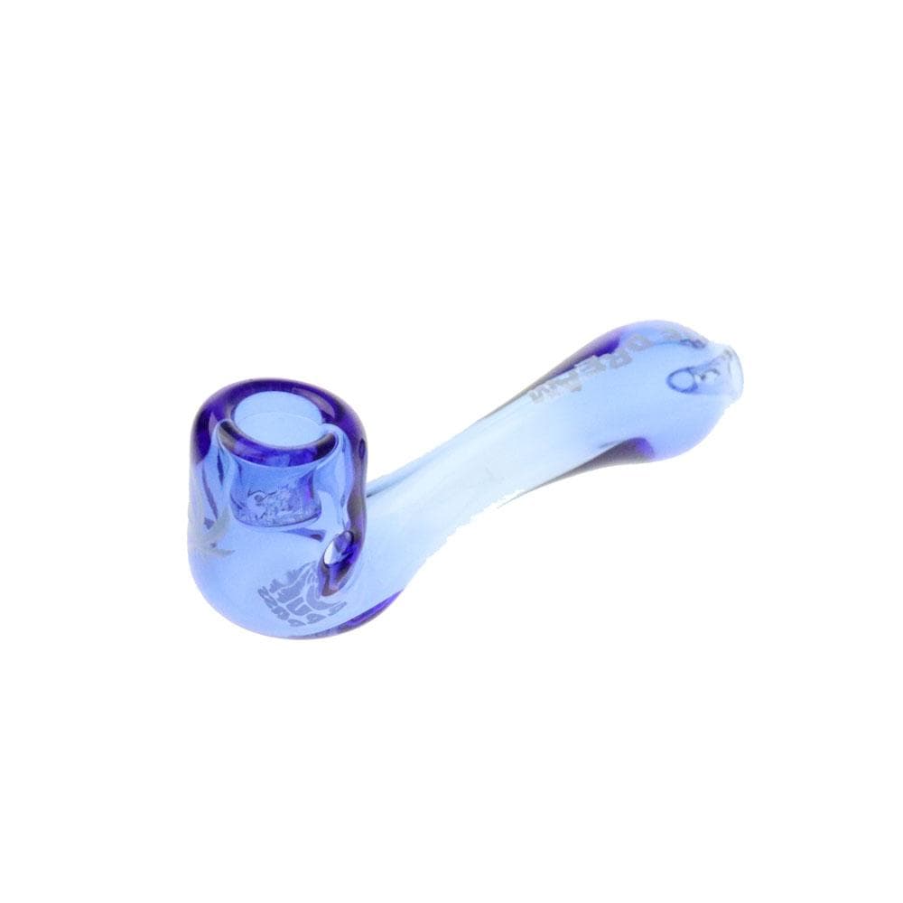 A side view of the “4” Sherlock Hand Pipe, showcasing its curved stem and simple, clear glass construction.