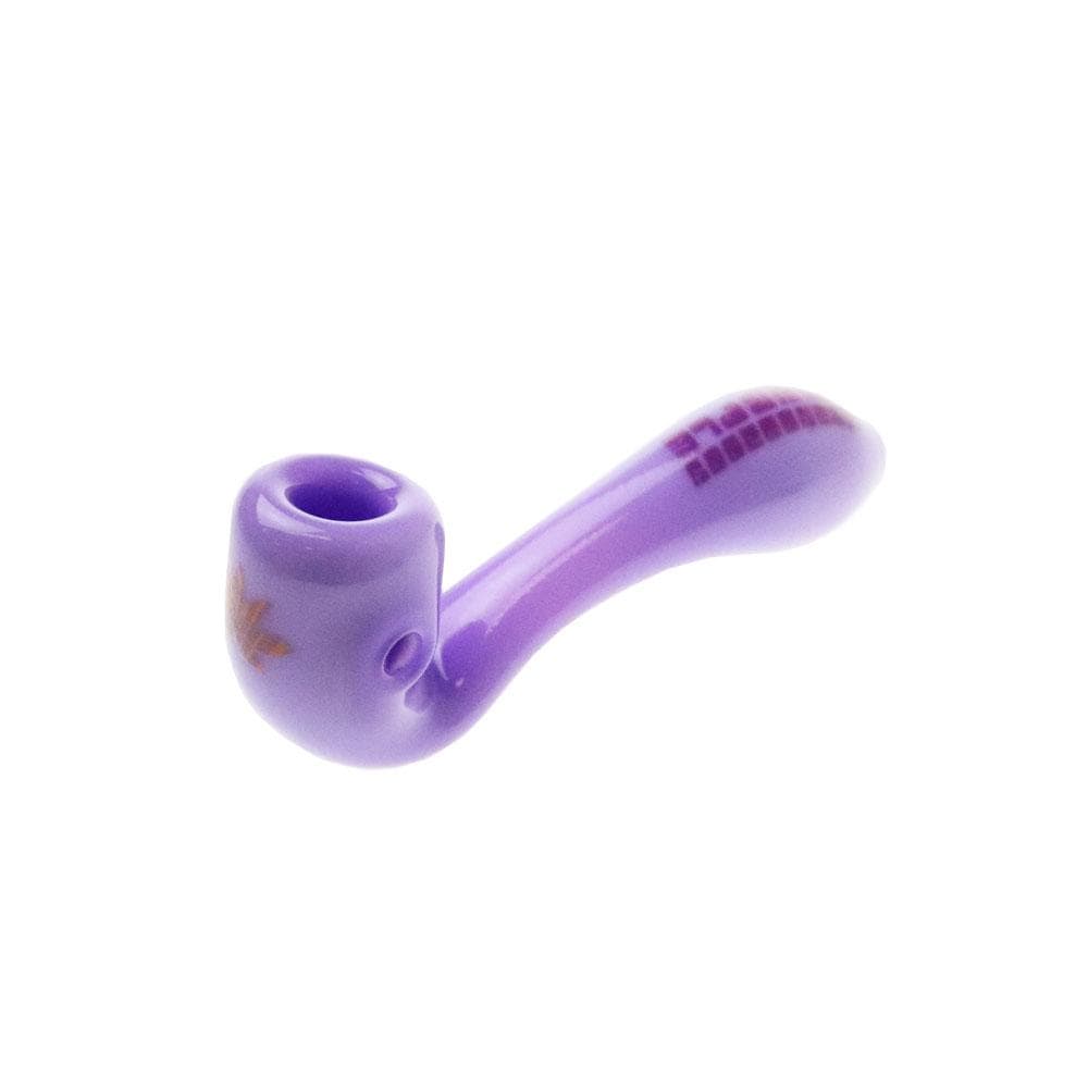A side view of the 4" Sherlock Hand Pipe, showcasing its curved design in a vibrant purple hue against a white background.