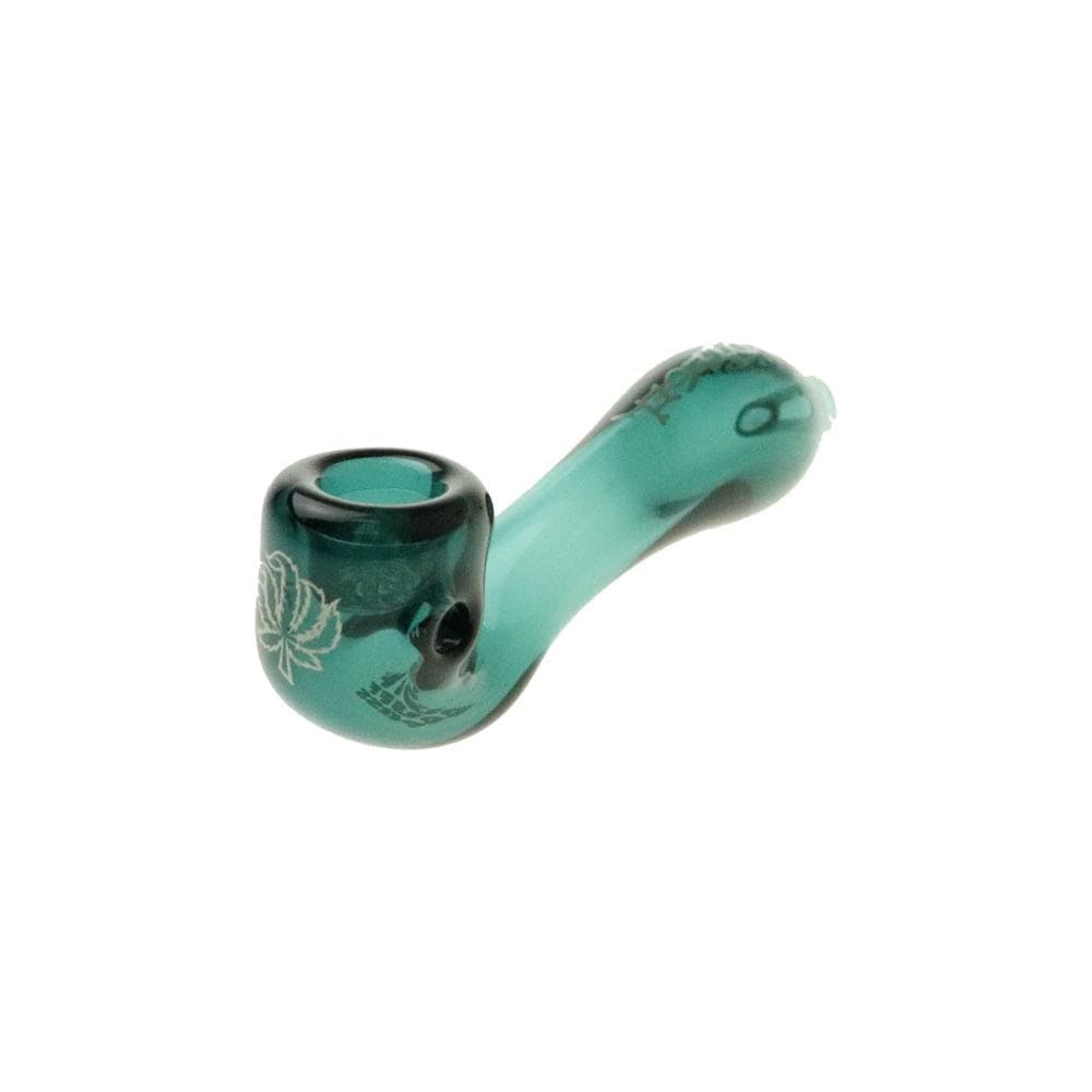 A side view of the 4" Sherlock Hand Pipe, showcasing its curved bowl and smooth, dark green finish.