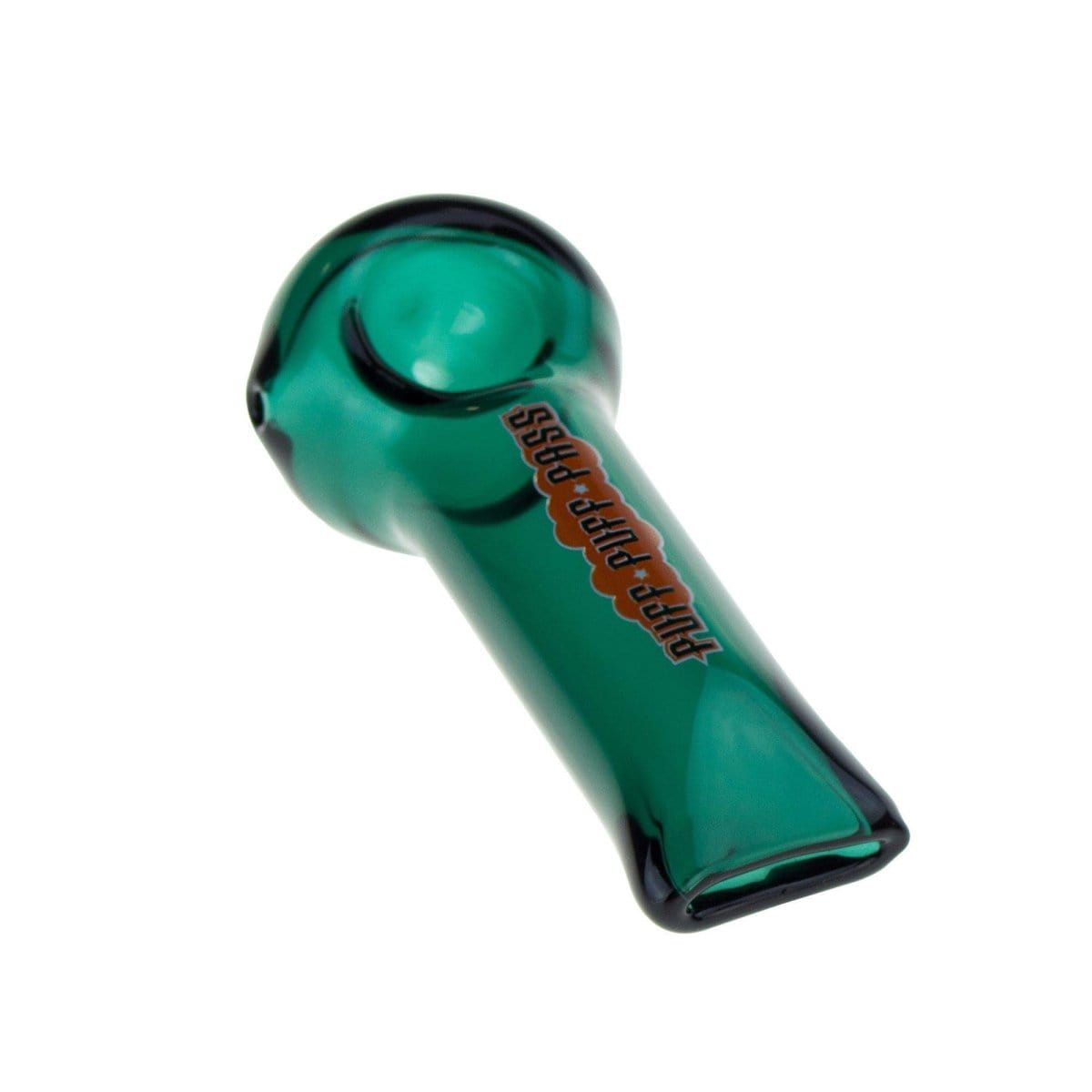 A side view of the "4" Spoon Pipe, showing the curved green glass bowl and smooth, rounded form.