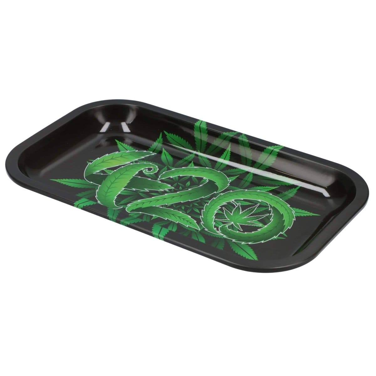 The 420 Rolling Tray is shown in a top-down view, displaying a black metal tray with a detailed graphic design.