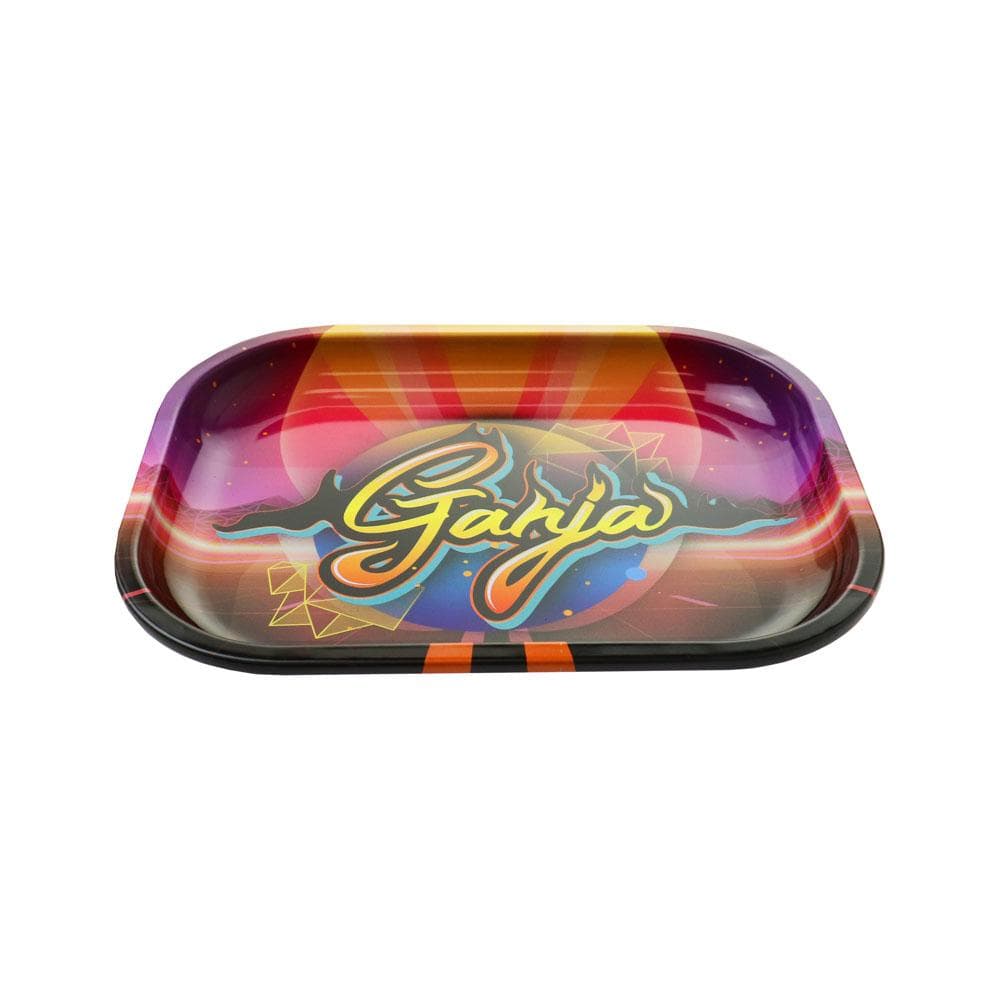 A top-down view of the Ganja Rolling Tray displaying a colorful, geometric design against a black background.