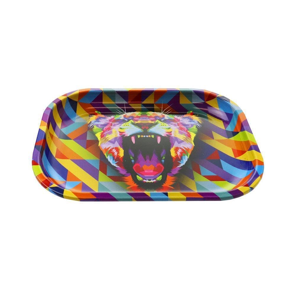 A top-down view of the Lioness Rolling Tray, featuring a vibrant, geometric lioness design on a flat surface.