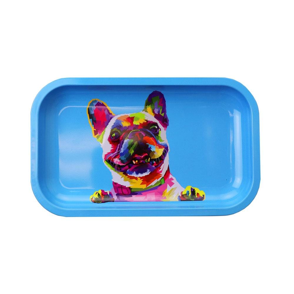 Close-up of the Dog Rolling Tray displaying a colorful dog illustration on a metal surface with a slight overhead angle.