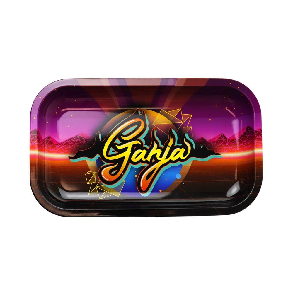 A top-down view of the Ganja Rolling Tray with a geometric design against a purple and pink gradient background.