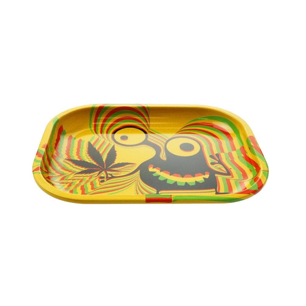 Overhead view of the Weed Rolling Tray, featuring a colorful, cartoonish design on a metallic surface.