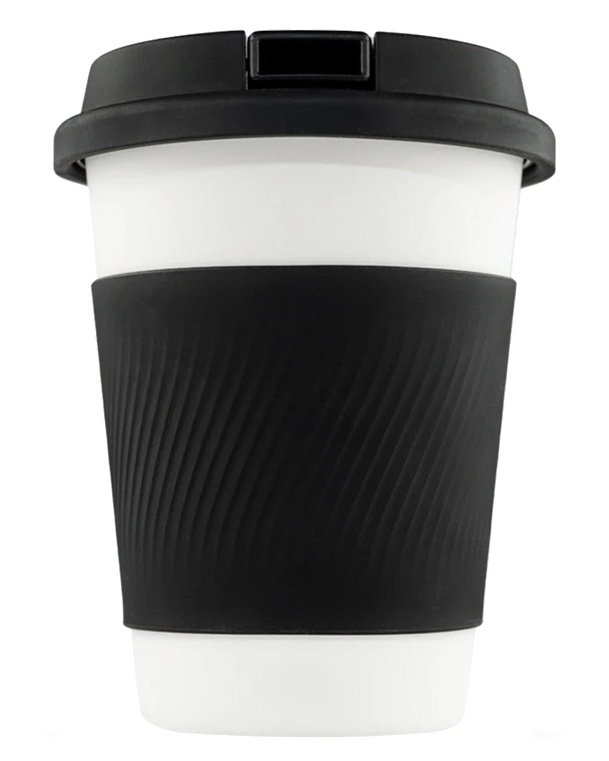Front view of the Cupsy, a white and black textured cup with a lid, positioned against a plain white background.