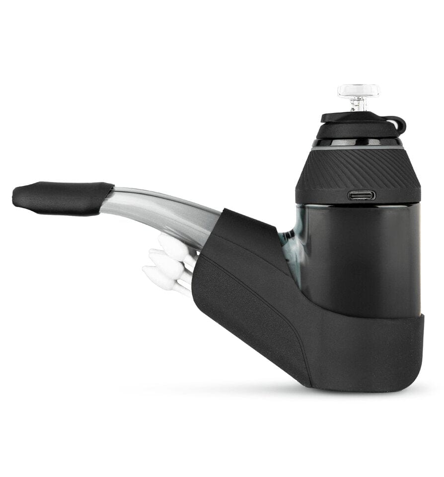 A three-quarter view of the Proxy Travel Pack, showcasing its sleek black design and curved glass mouthpiece.