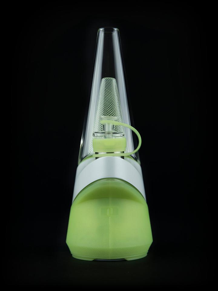 Front view of the Puffco Peak - Neon Lightning, showcasing the vibrant, translucent glass form with a streamlined design.