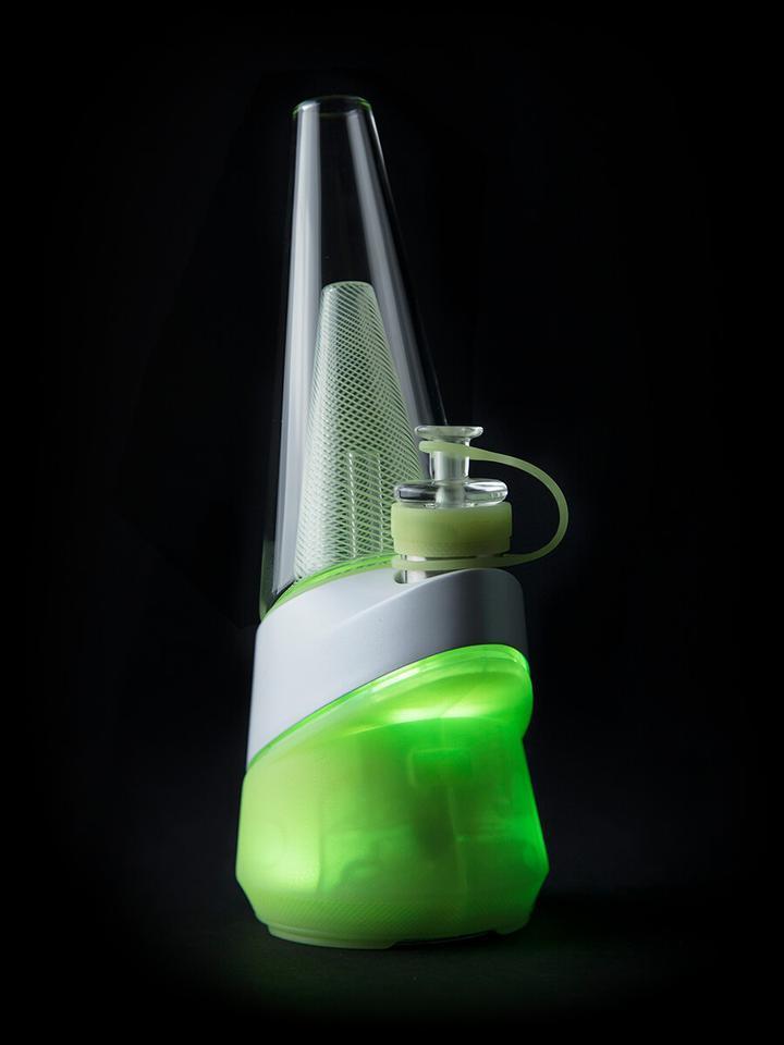 Front view of the Puffco Peak - Neon Lightning, showcasing its sleek, translucent design with glowing neon accents.