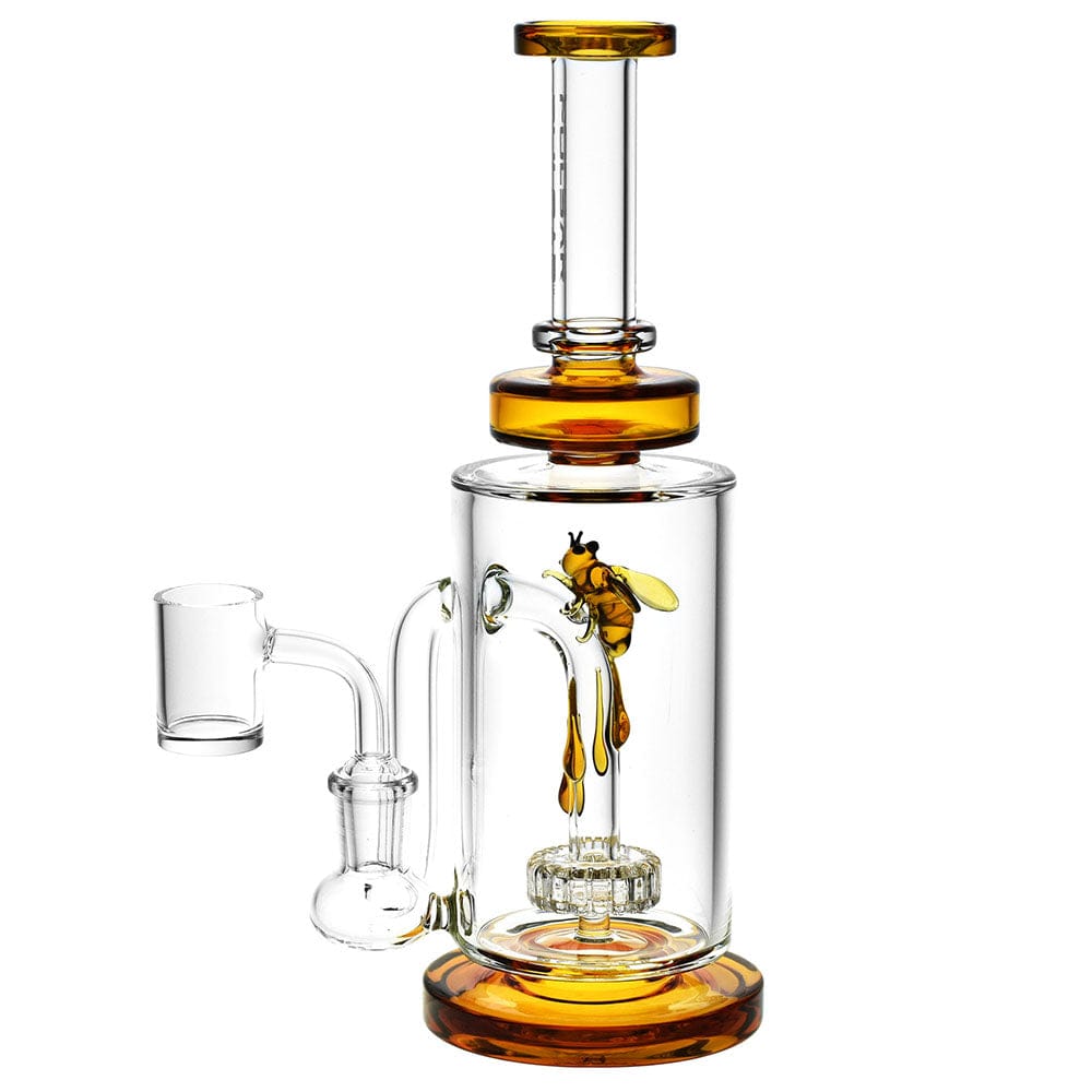 A front view of the Pulsar Drop Down Bee Dab Rig, showcasing the colorful glass and unique bee-themed design.