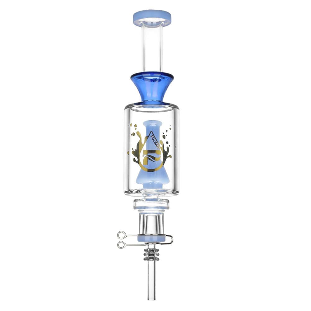 A front view of the Pulsar Beaker Perc Vapor Vessel 2.0 with a quartz tip, showcasing its clear glass construction.