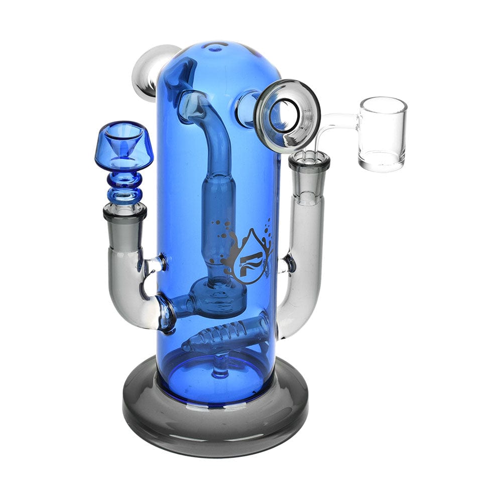 A three-quarter view of the 8-inch Pulsar Double Trouble Dry Pipe/Dab Rig, showcasing its blue glass construction and curved neck.