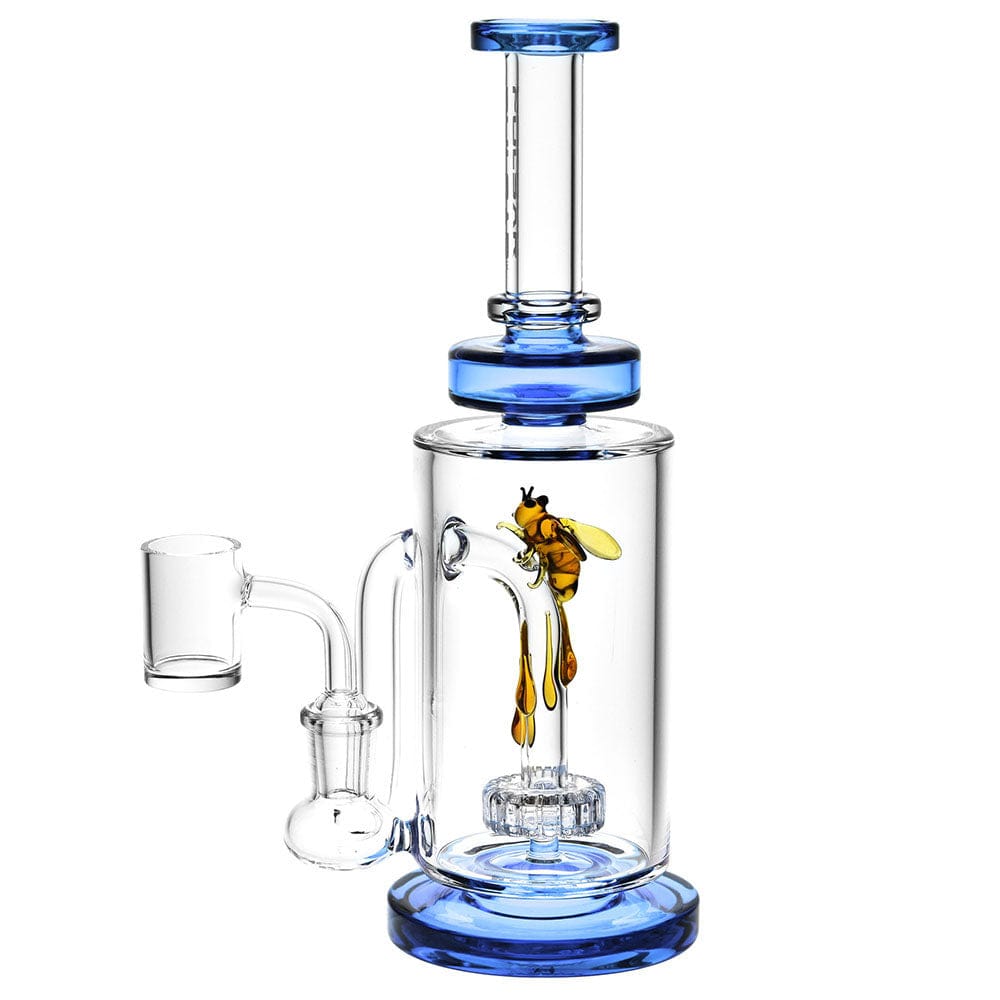 A three-quarter view of the Pulsar Drop Down Bee Dab Rig, showcasing its colorful glass construction and sculpted bee design.