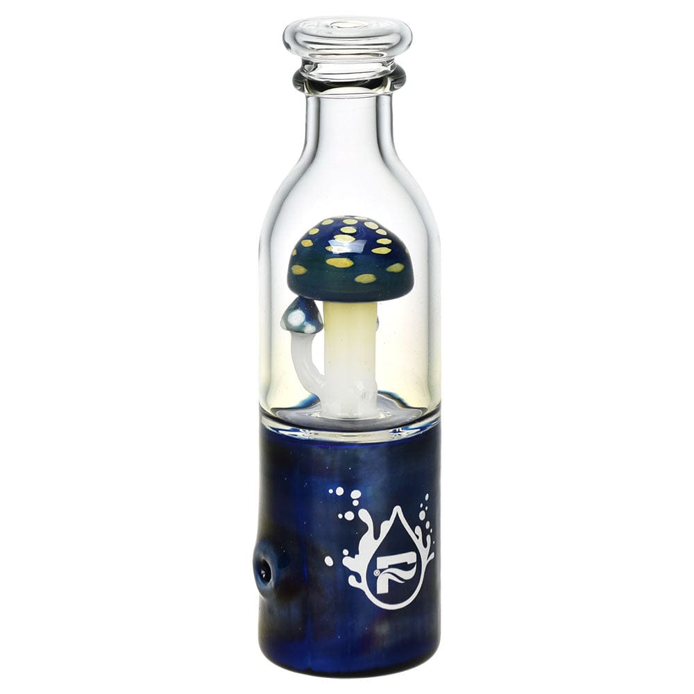 A studio shot of the 5.5" Pulsar Fungi Trio in Bottle Hand Pipe, showcasing its mushroom-shaped bowl inside a clear glass bottle.