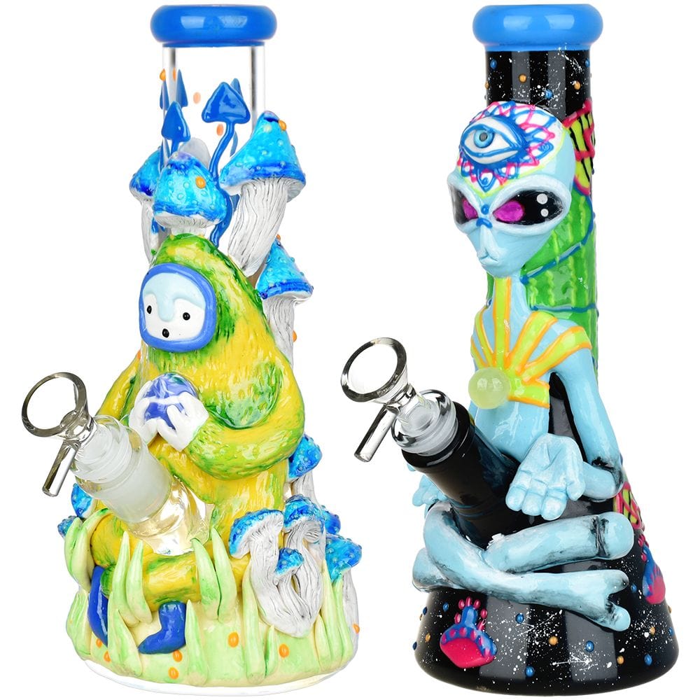 Front view of the Pulsar Artist Series Glow Beaker Water Pipe with sculpted, colorful mushrooms wrapping around the glass beaker.