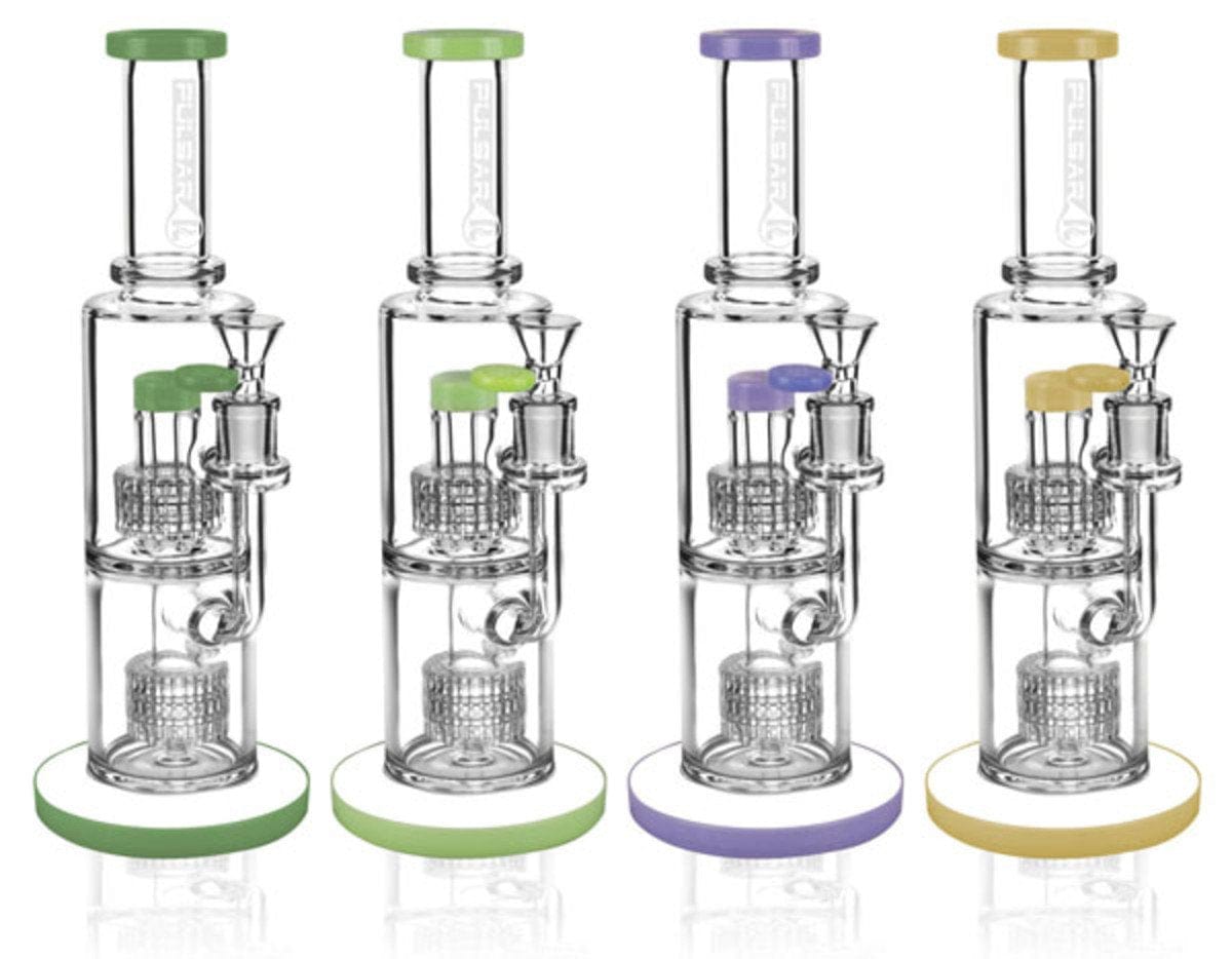 Front view of the Pulsar "Boomer" Dual Matrix Fat Can Water Bong, displaying its matrix perc and clear glass construction.