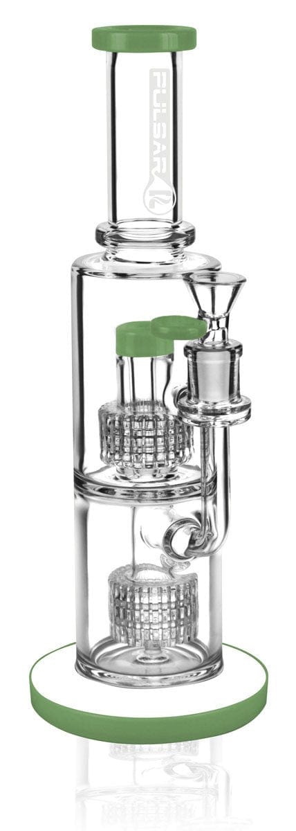 Front view of the Pulsar "Boomer" Dual Matrix Fat Can Water Bong, showcasing its clear glass construction and matrix percolator detail.