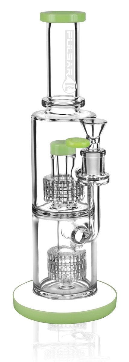 A studio shot of the Pulsar "Boomer" Dual Matrix Fat Can Water Bong, featuring a clear glass build and dual filtration system.
