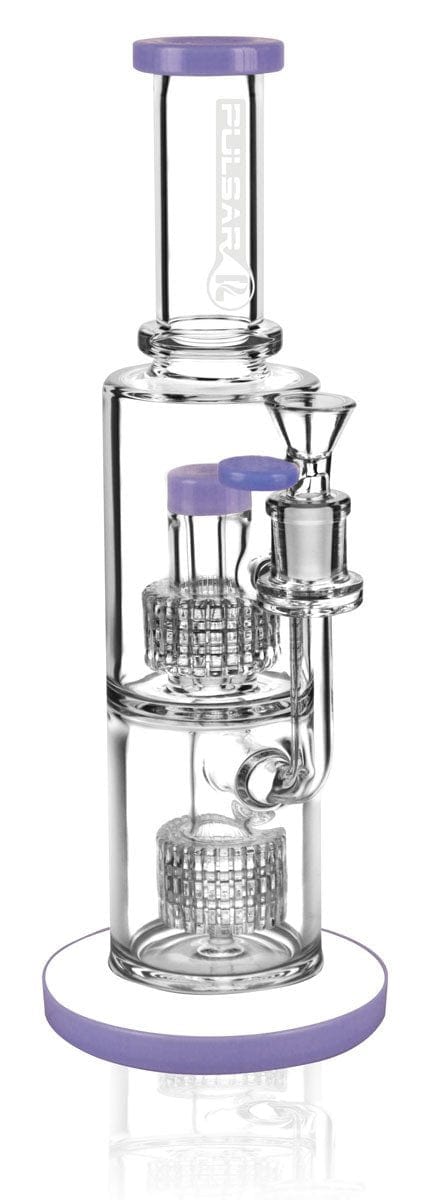 A studio shot of the Pulsar "Boomer" Dual Matrix Fat Can Water Bong, showcasing its clear glass construction and dual matrix diffusion system.