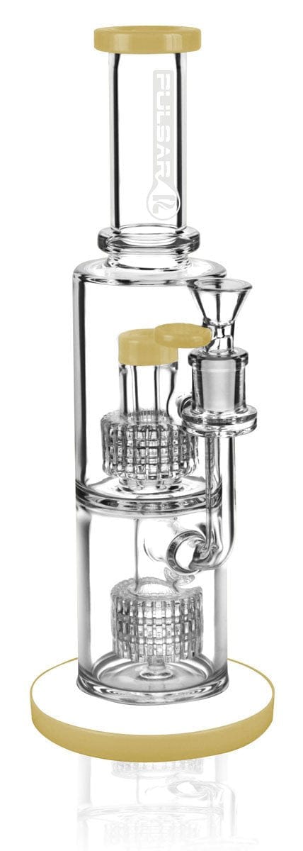 A studio shot of the Pulsar "Boomer" Dual Matrix Fat Can Water Bong, showcasing its clear glass construction and matrix diffusion system.