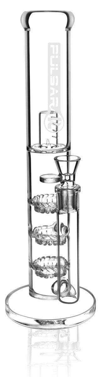 Front view of the Pulsar Glass Water Pipe With Three Turbine Percolators, showing the clear glass piece with visible percolators inside.