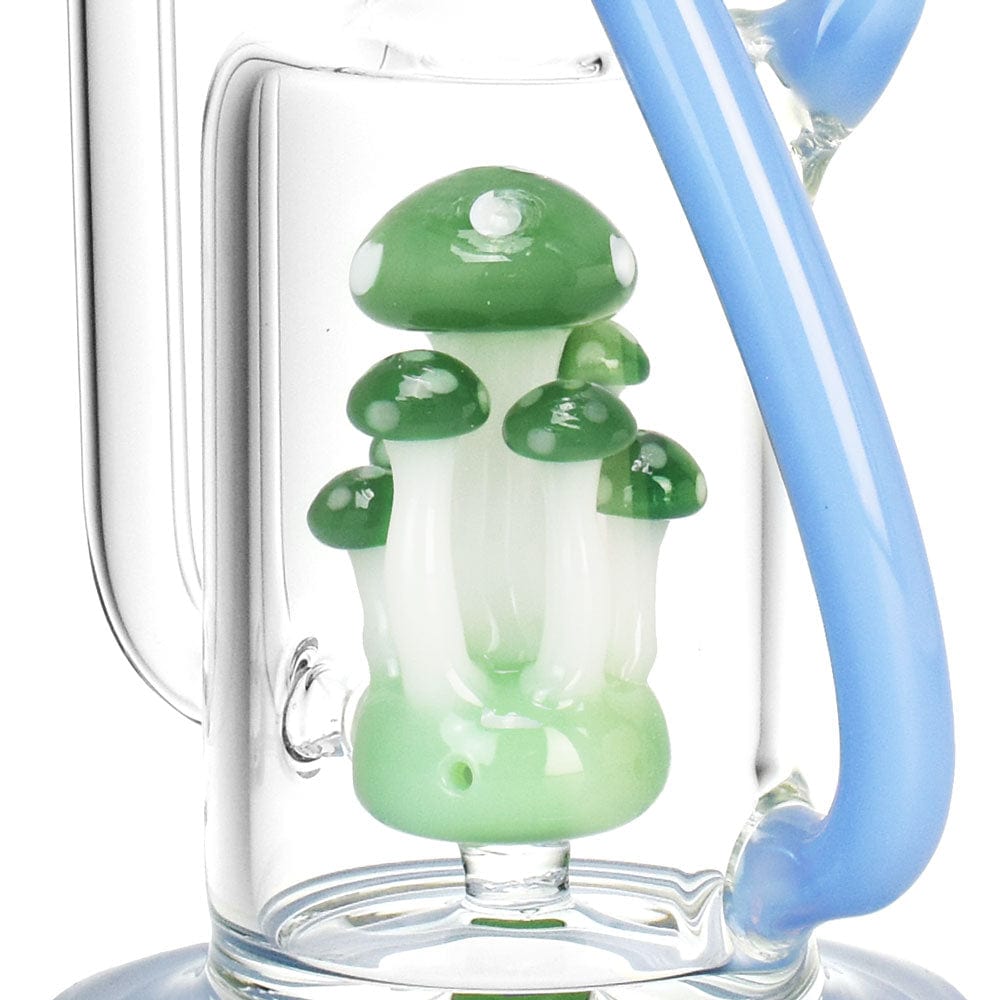 A front view of the Pulsar Shroom Recycler Water Pipe shows a clear glass piece with a blue accent, resembling a mushroom.