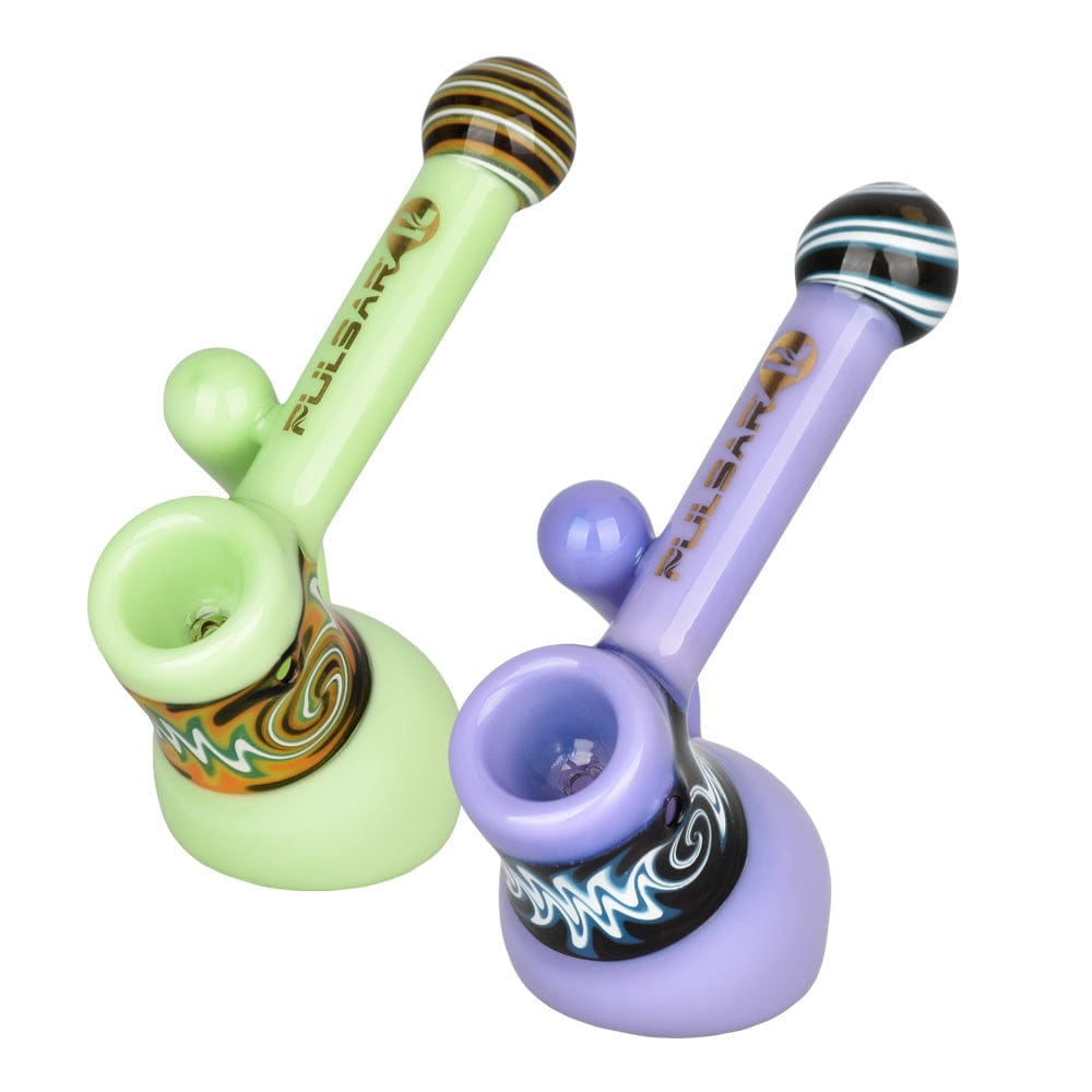 Front view of the Pulsar Hypnotic Haze Bubbler Pipe, showing a clear glass bubbler with a rounded base and angled mouthpiece.