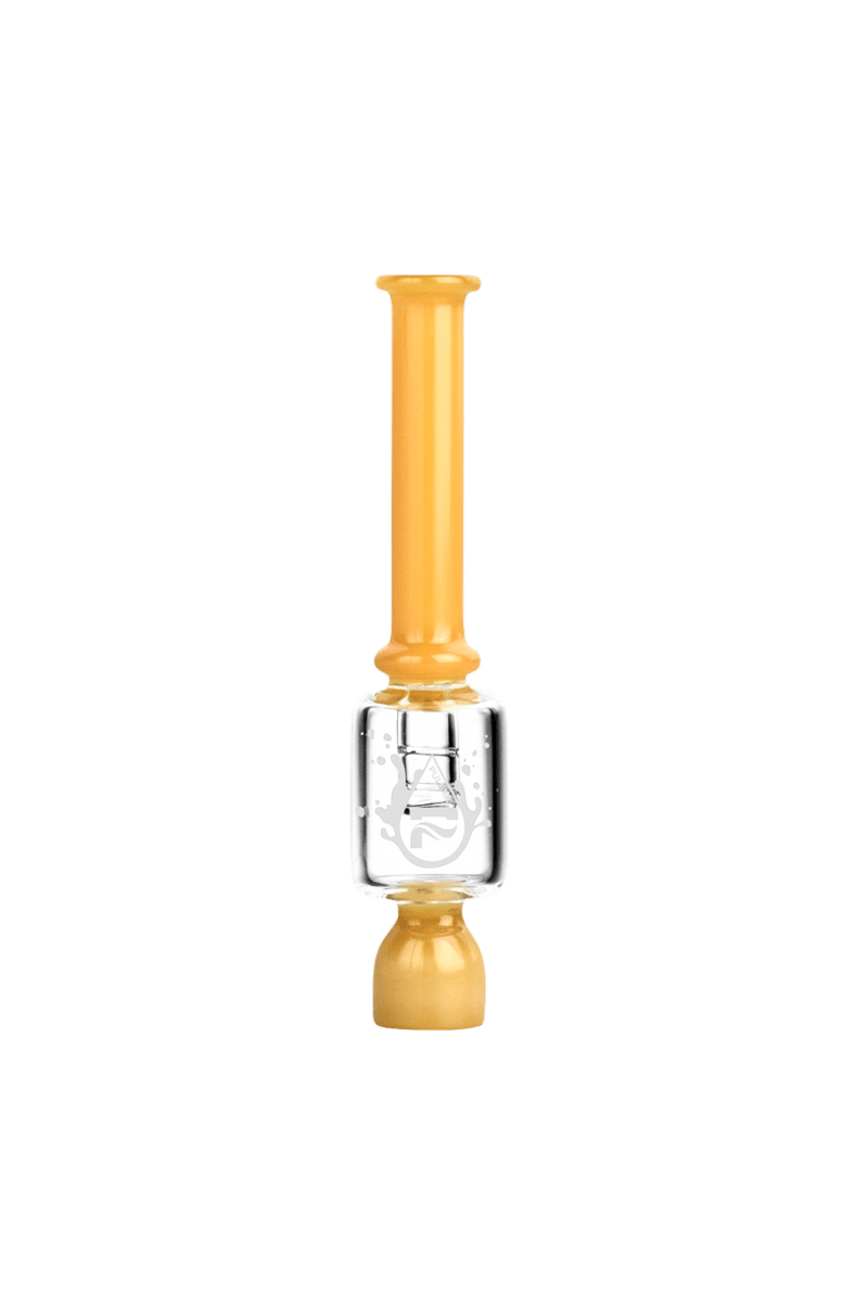 A straight-on view of the Pulsar Ash Catcher One Hitter, showcasing its clear glass construction and simple, cylindrical shape.