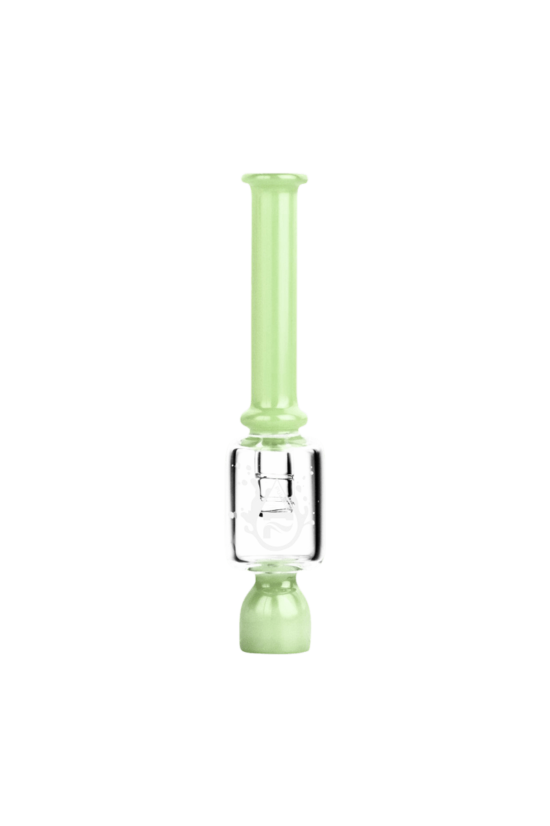 A close-up, angled view of the Pulsar Ash Catcher One Hitter, showcasing its clear glass construction.