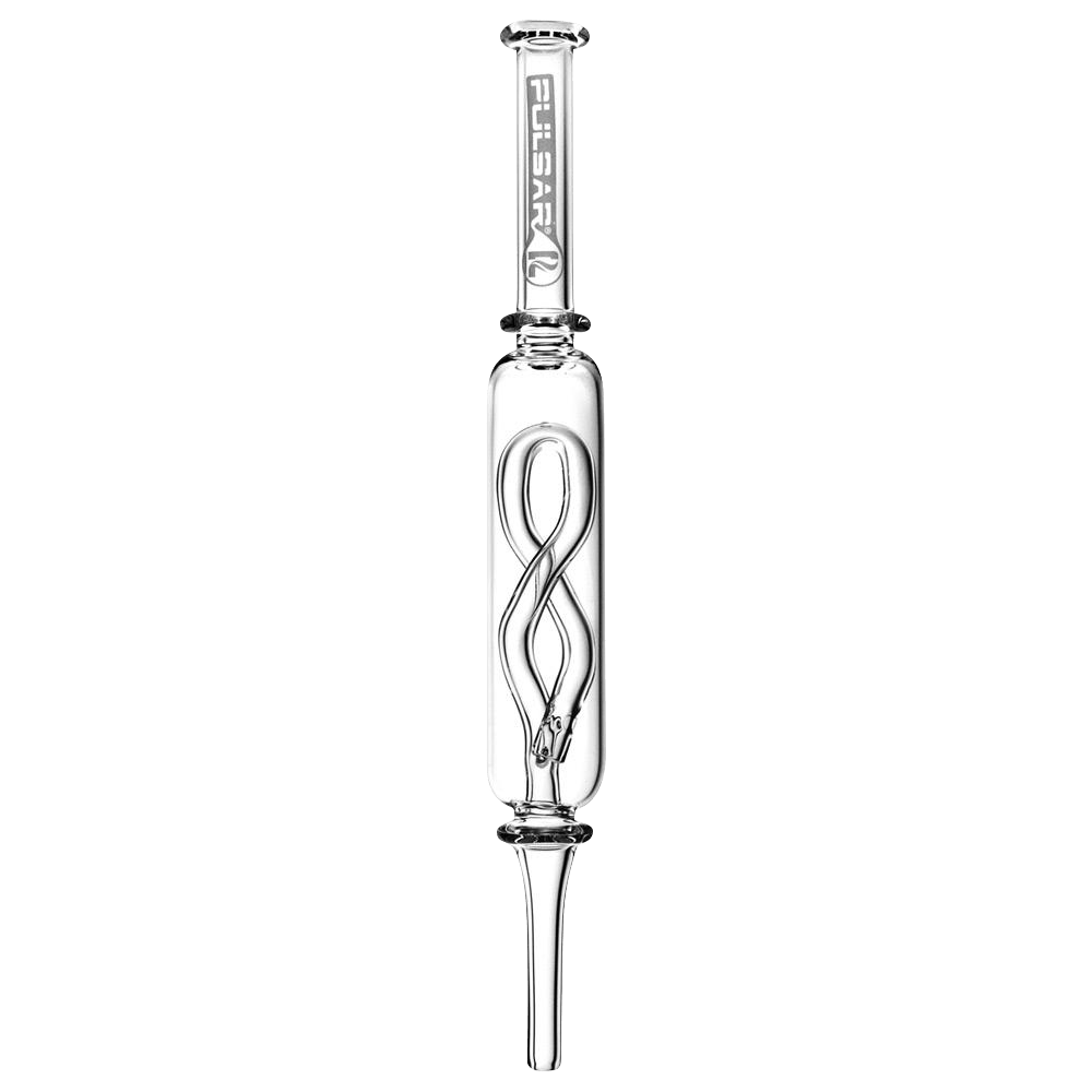 A studio shot of the Pulsar Quartz Internal Twist Perc Nectar Collector, displaying its clear glass and twisted internal design.