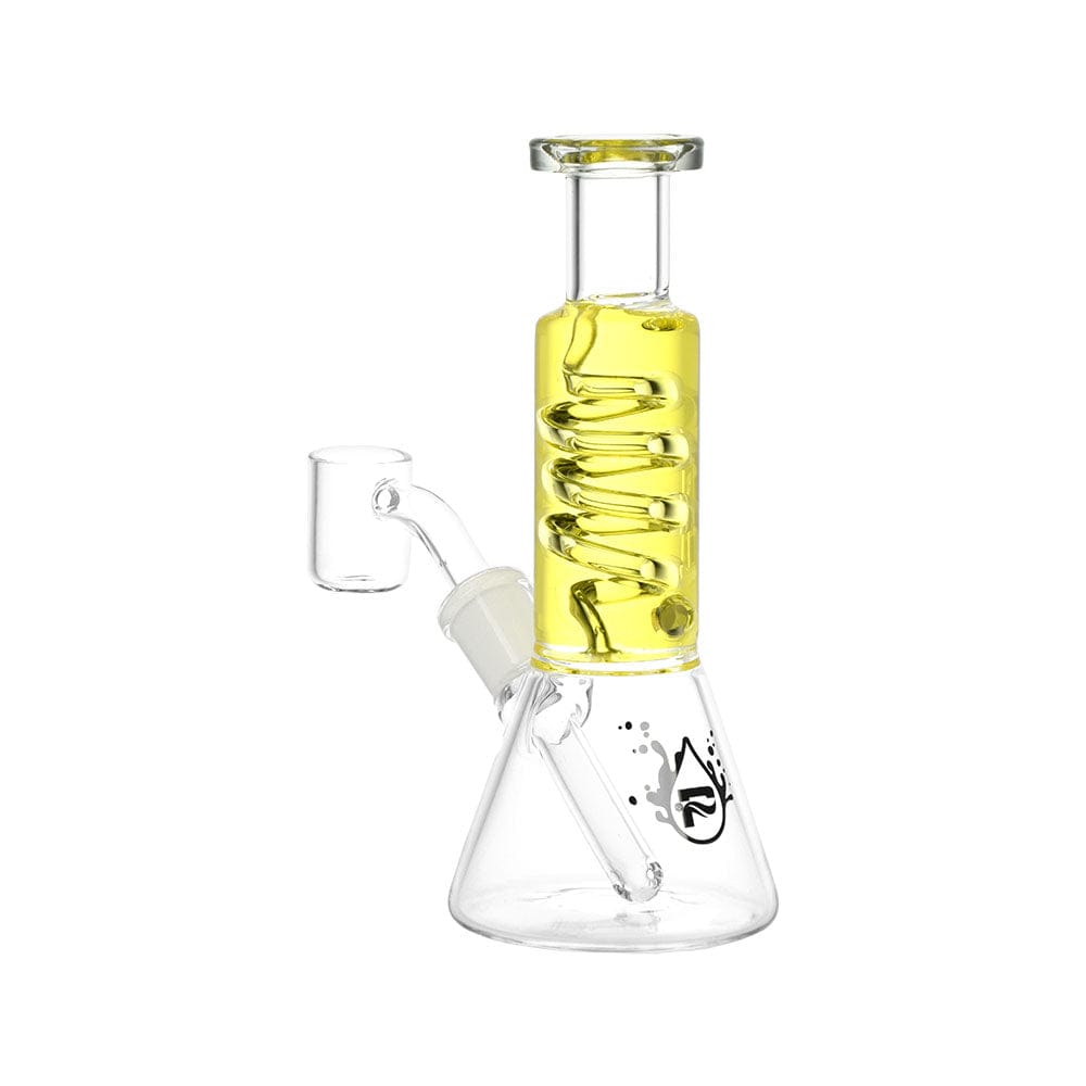 A front view of the Mini Glycerin Coil Beaker Dab Rig, featuring a clear glass beaker with a coiled glycerin chamber.