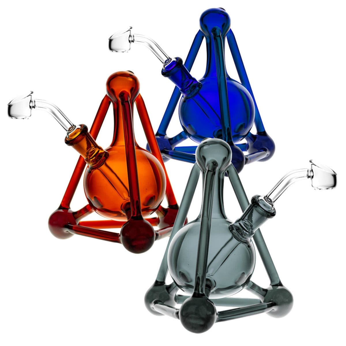 Front view of the Pulsar "Atomic Nucleus" Unique Scientific Dab Rig, featuring a triangular base and clear glass construction.