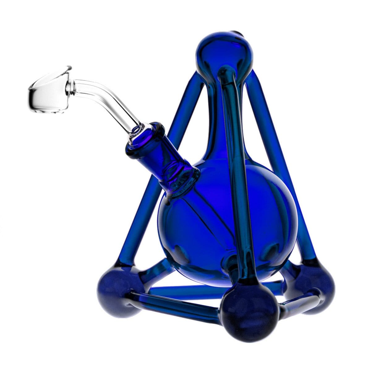 Front view of the Pulsar "Atomic Nucleus" Unique Scientific Dab Rig, showing its geometric form and clear blue glass construction.
