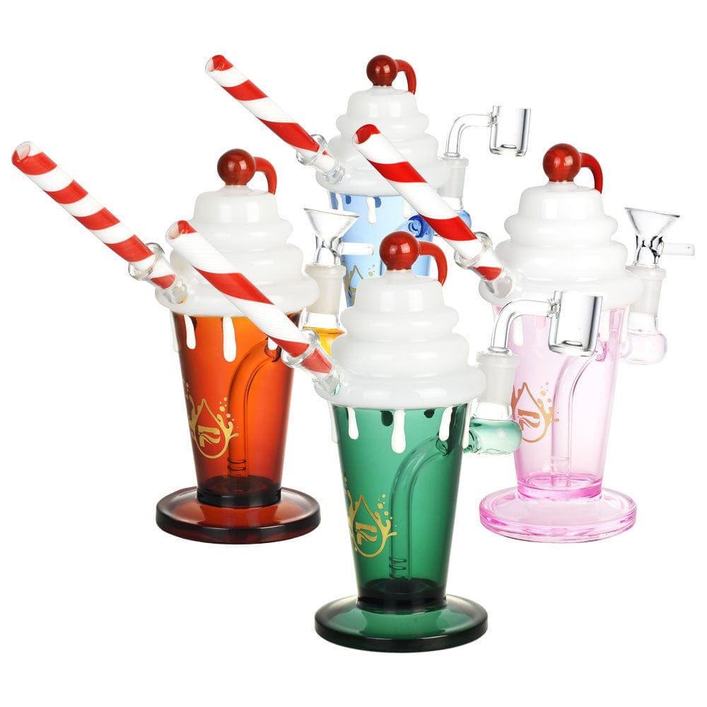 A vibrant, angled view of three Pulsar Diner Shake 3-in-1 Dab Rigs in red, green, and clear glass, resembling milkshakes.