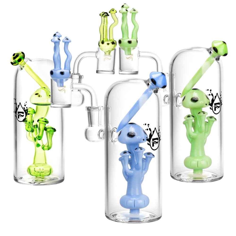 Front view of the Pulsar Mushroom Dab Rig Kit, a small, clear glass rig with a mushroom-shaped centerpiece and blue accents.