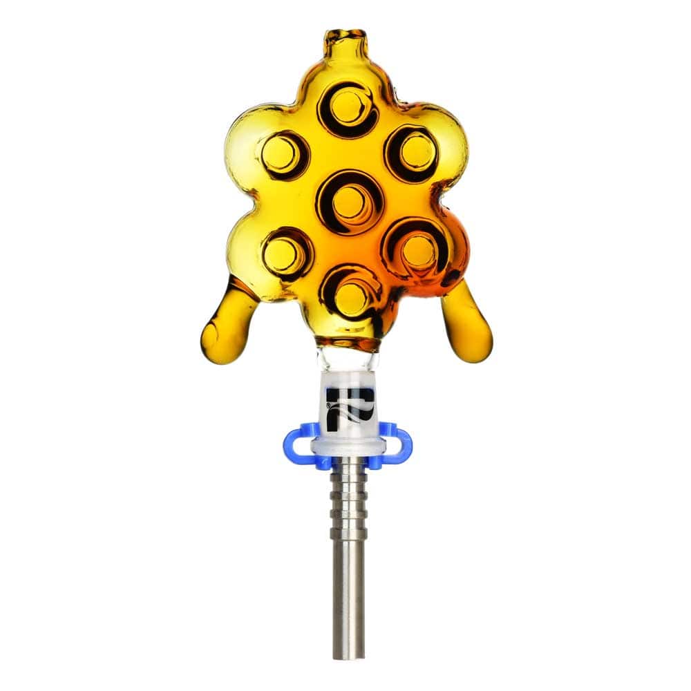 Front-facing close-up of the Pulsar 710 Honeycomb Glass Dab Straw showing its amber honeycomb-shaped glass tip with six circular indents and a metal straw stem against a white background