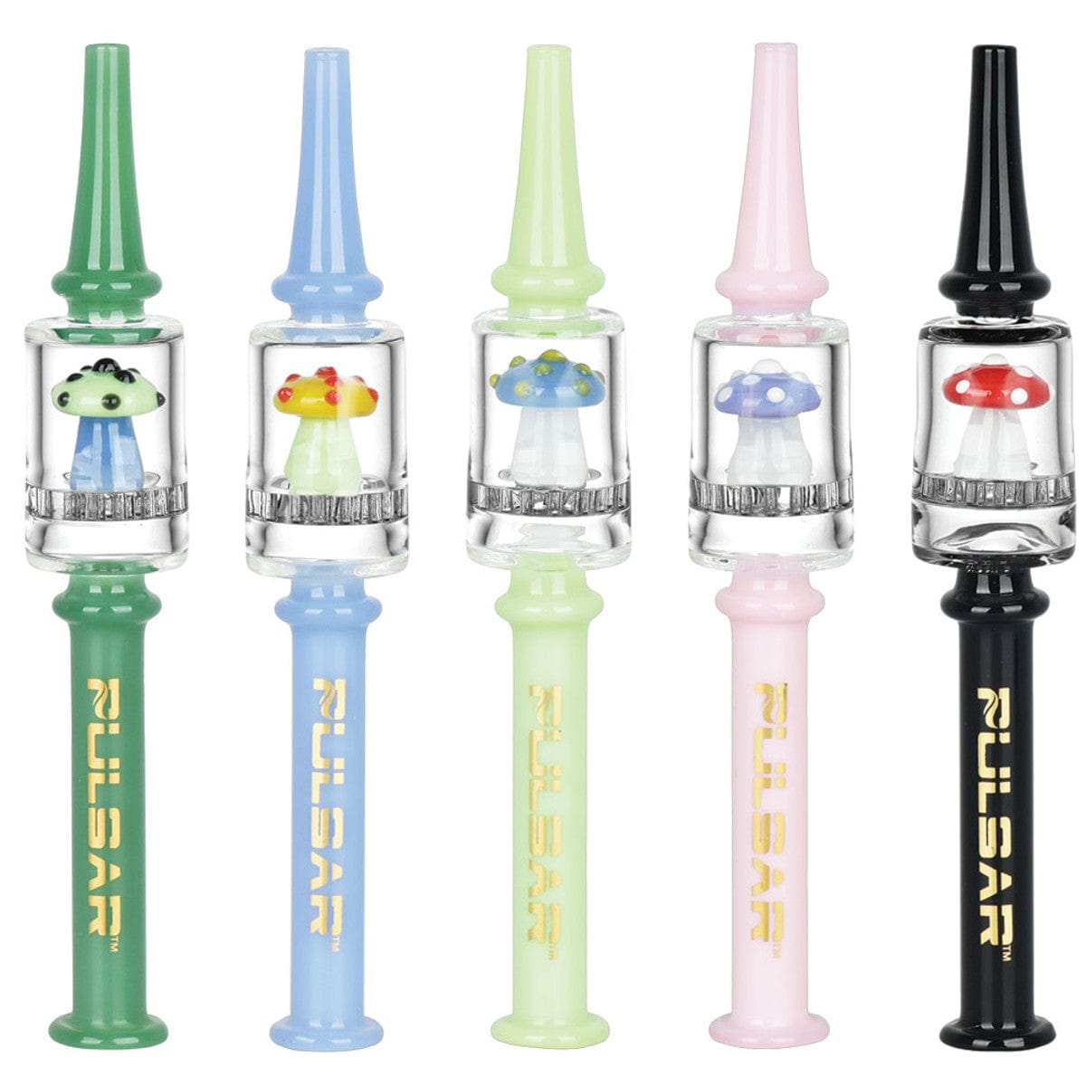 HP150 Pulsar Shroom Dab Straw displays a front view of the colorful, mushroom-shaped straw with a honeycomb filter.