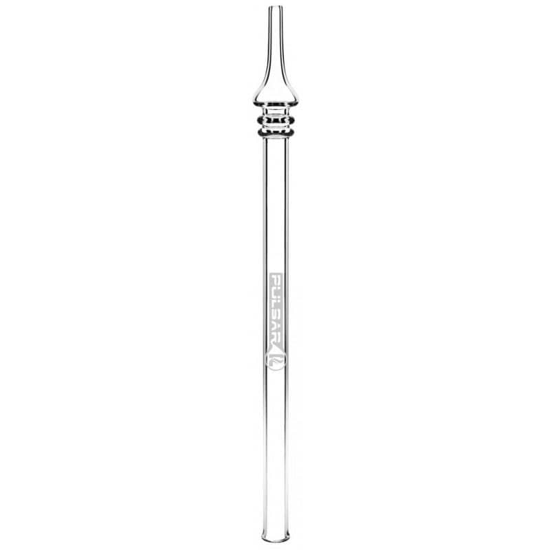 A straight-on view of the Pulsar Quartz Dab Straw, showing the clear glass design and slender, elongated shape.