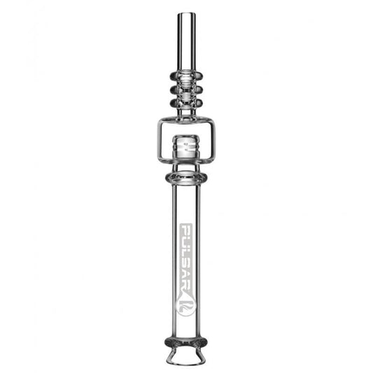 A front view of the Pulsar Quartz Deco Dab Straw, featuring a clear quartz tip and decorative pattern.