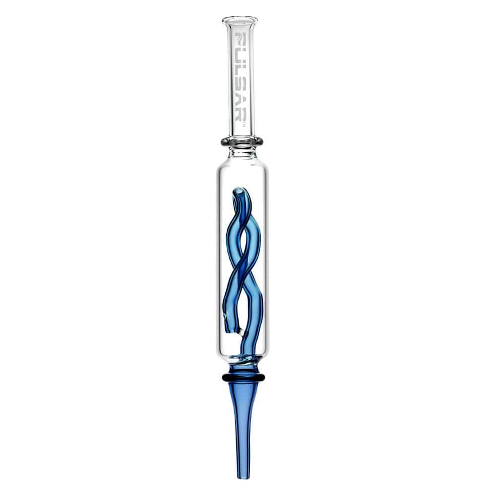 A straight-on view of the Pulsar Glass Inner Twist Perc Dab Straw, featuring a blue glass construction with an inner twist design.