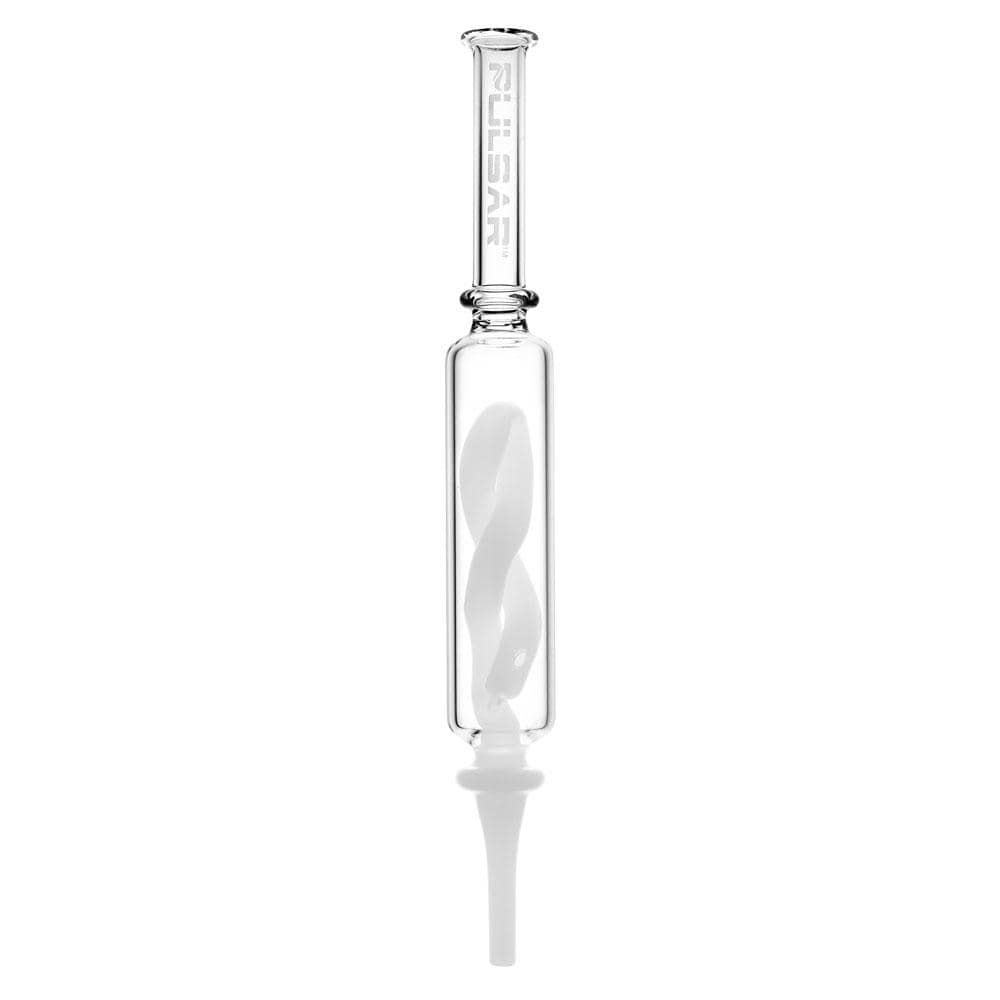 A close-up, angled view of the Pulsar Glass Inner Twist Perc Dab Straw, showing its clear glass construction and twisted internal design.