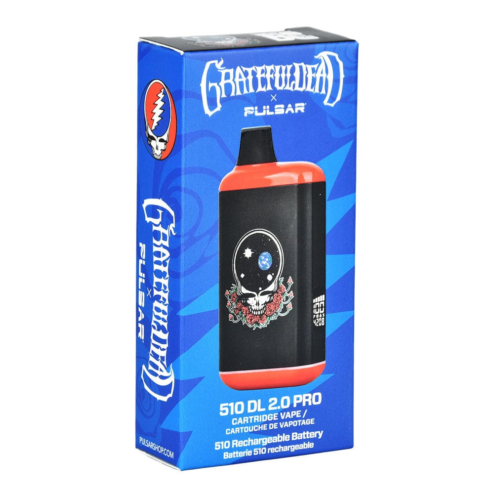 Front view of the Grateful Dead x Pulsar 510 DL 2.0 Pro Auto-Draw VV Vape Bar, showcasing its cylindrical shape and branded label.